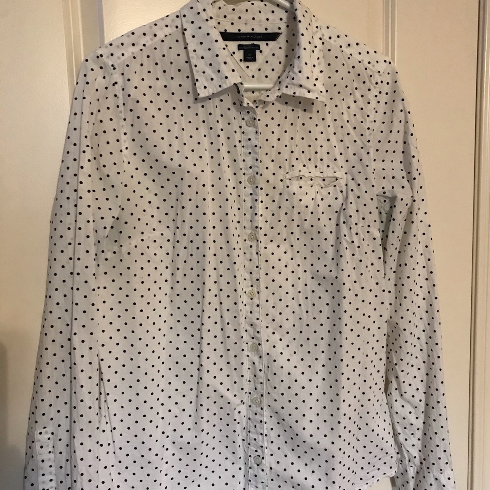White with blue dots button down shirt